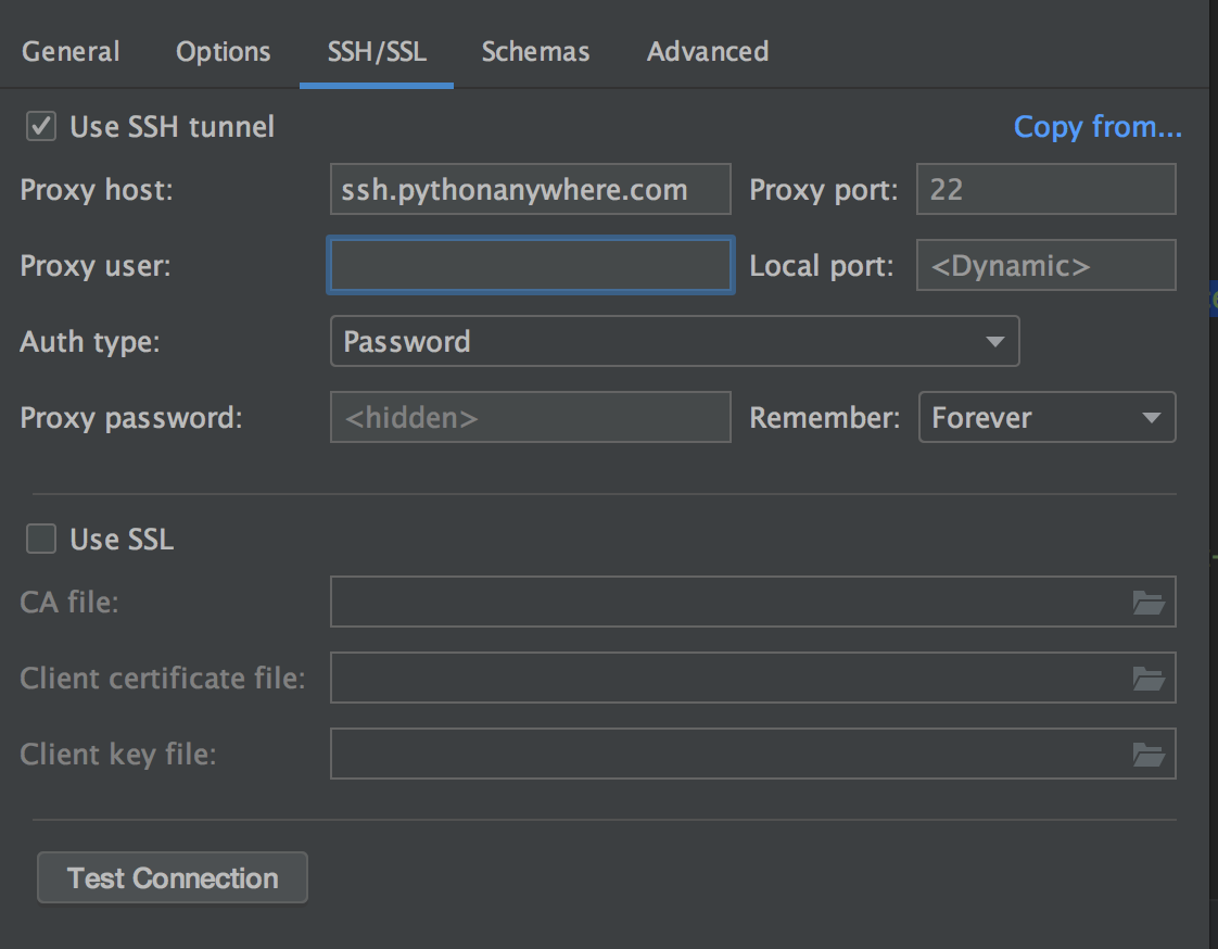 PyCharm SSH tunnelling dialog